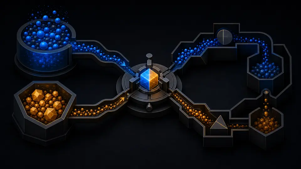 Blue and amber input reservoirs feeding a neutral admission gate while oversized shapes are diverted into closed channels