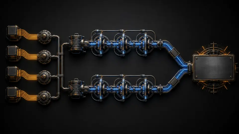 Identical amber inputs entering two parallel blue test paths with repeated mechanical stages before converging on a blank decision plate