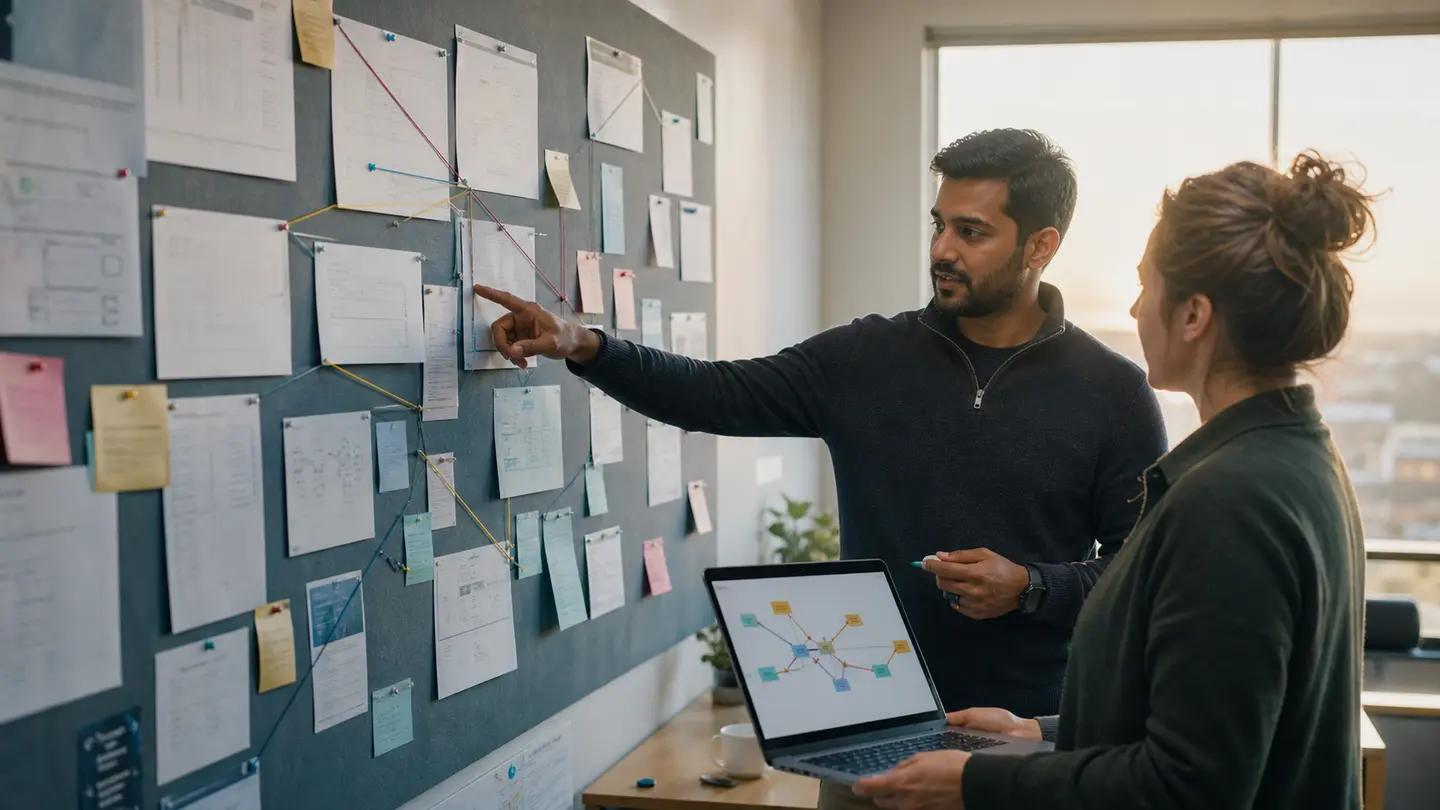 Two operations professionals turning verified incident findings into an organized, reusable knowledge map