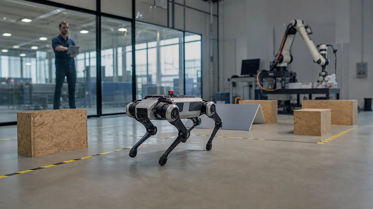 A quadruped robot navigating an obstacle course in a robotics lab while a researcher observes