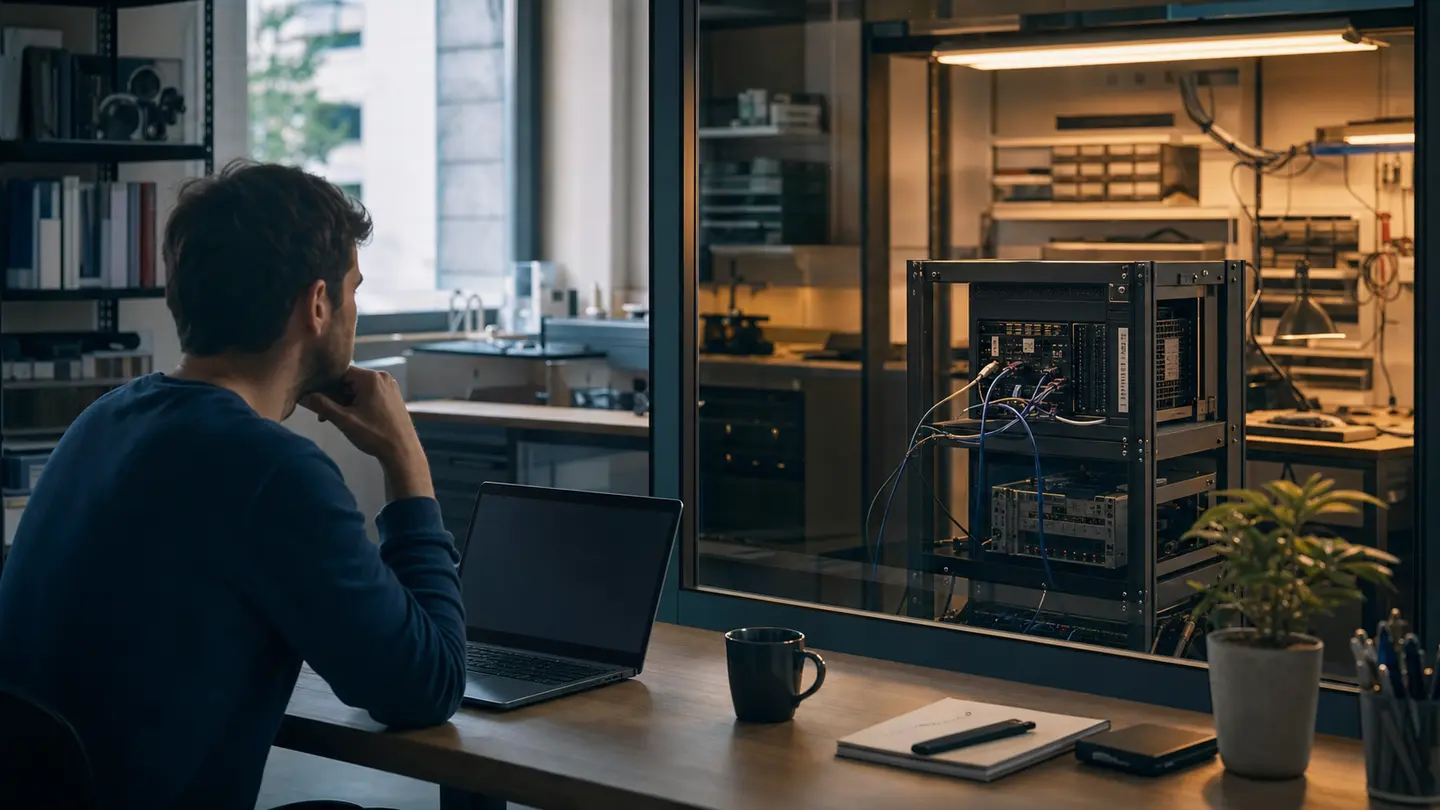 A developer working at a laptop while a separate server test bay runs behind a glass partition