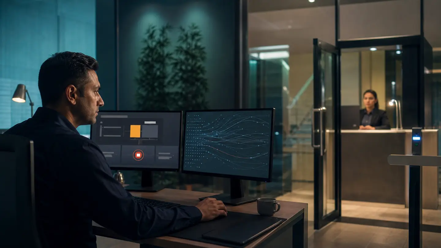 An operations professional reviewing a sensitive software action at a secure human-controlled checkpoint
