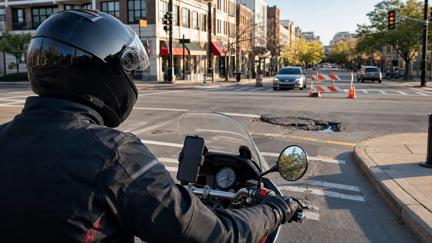A properly equipped motorcycle rider stopped safely before a pothole and road closure with a phone mounted for navigation