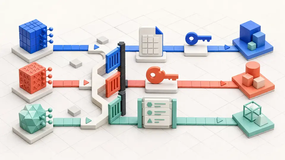 Three differently shaped model modules pass through separate license gates before reaching deployment routes