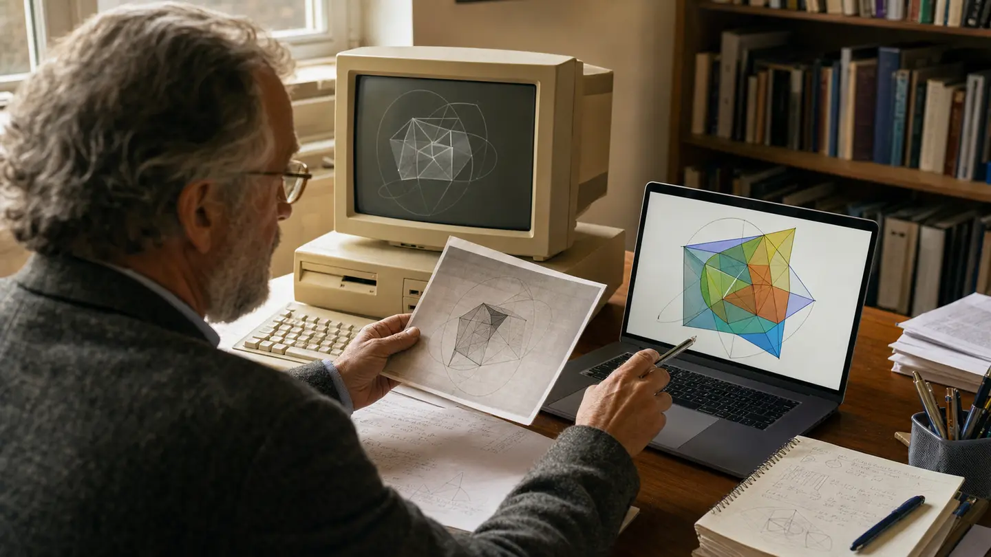 A senior mathematician comparing an old monochrome geometry program with its modern color version