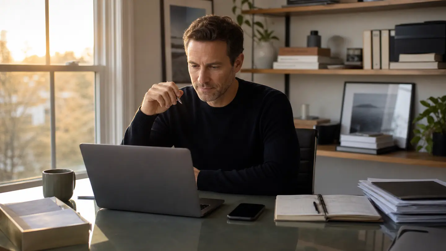 A professional reviewing work at a laptop in a quiet home office at dawn
