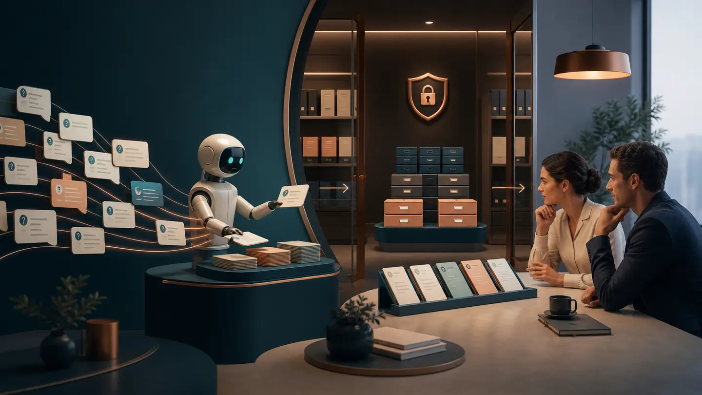 Founders reviewing organized investor questions with an AI diligence workstation nearby