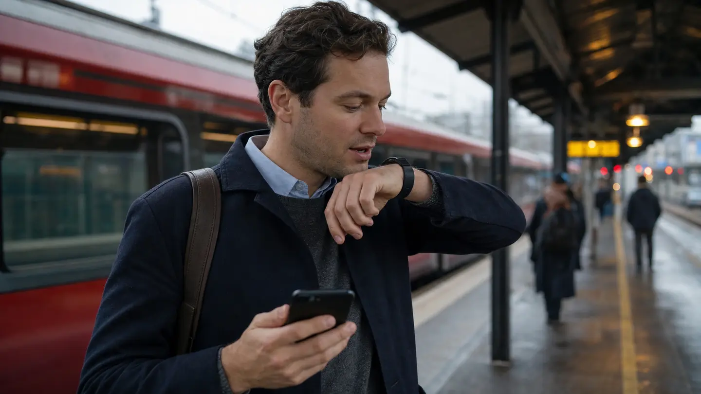 A commuter dictating a voice request into a smartwatch while holding a phone on a train platform