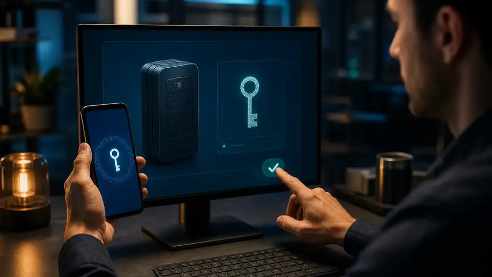An operator approving a device identity while a separate computer and phone remain behind their own connection and permission controls