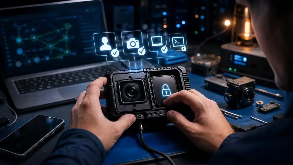 An operator inspecting camera, screen, identity, and shell capability indicators on a remote node device in a dark workshop