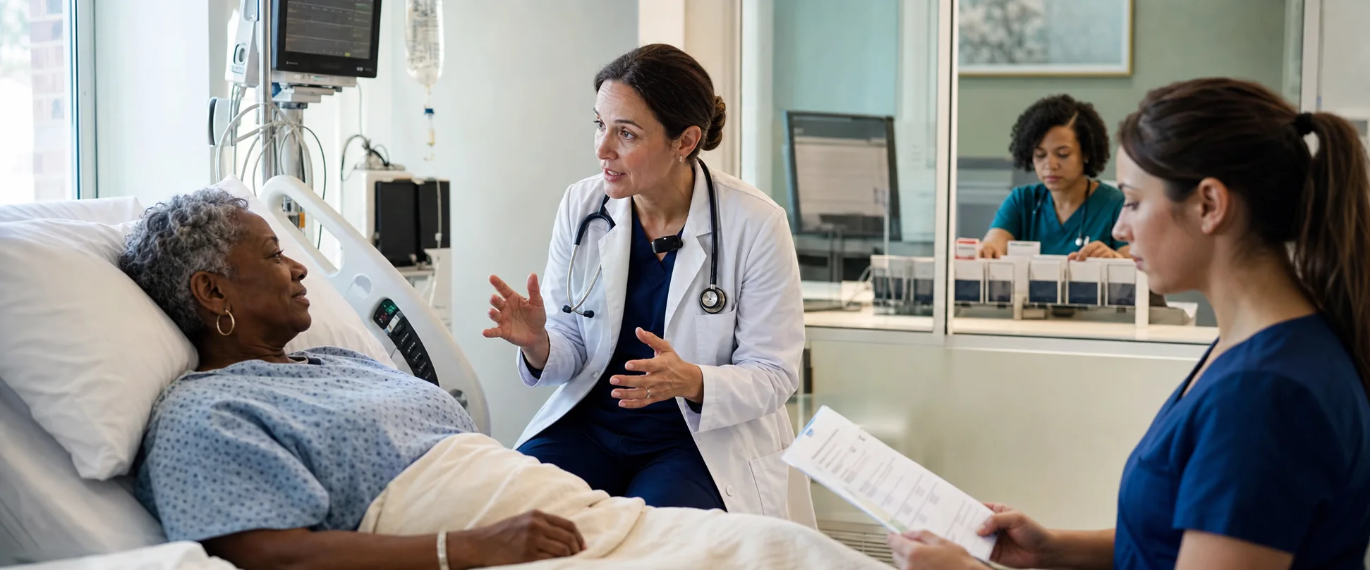 A physician speaks with a patient while a hands-free assistant and hospital coordinators handle documentation and routing.