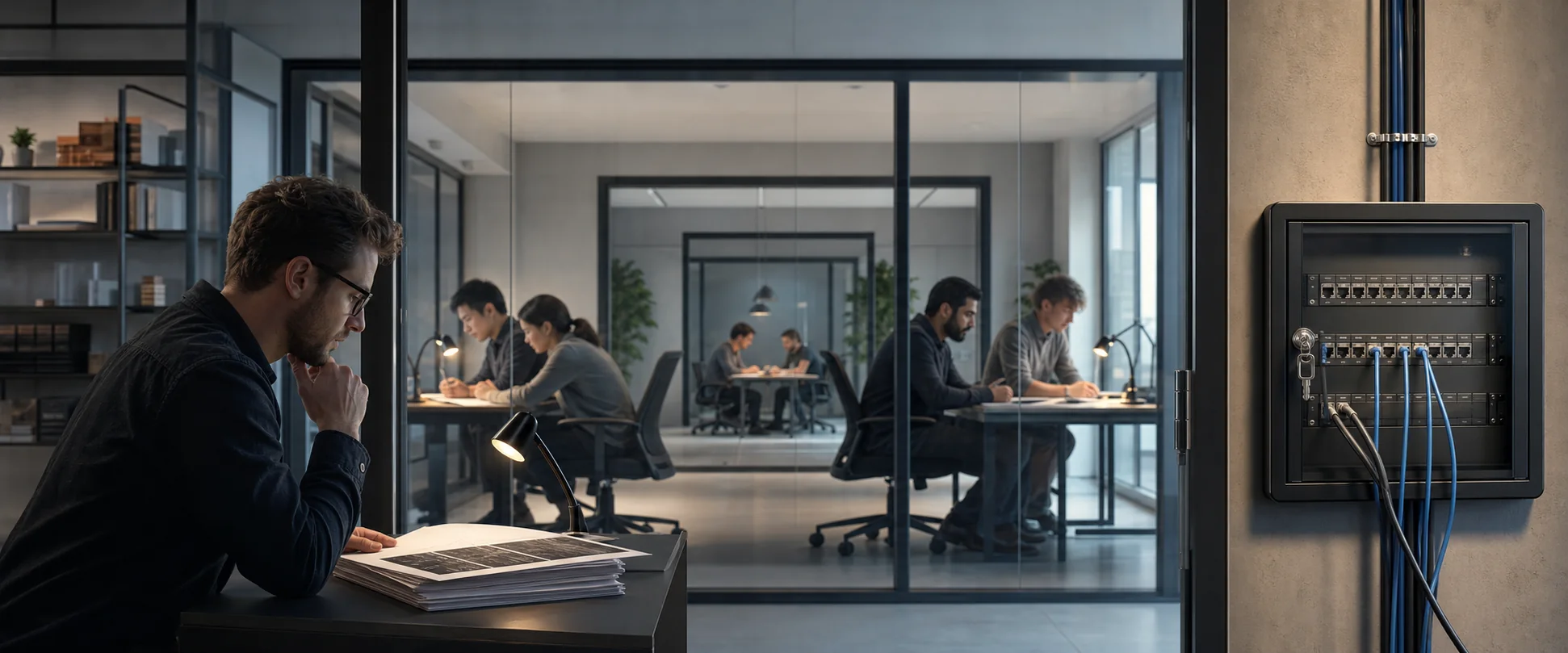 A lead engineer coordinates specialist teams in nested glass workrooms beside a locked network patch panel.