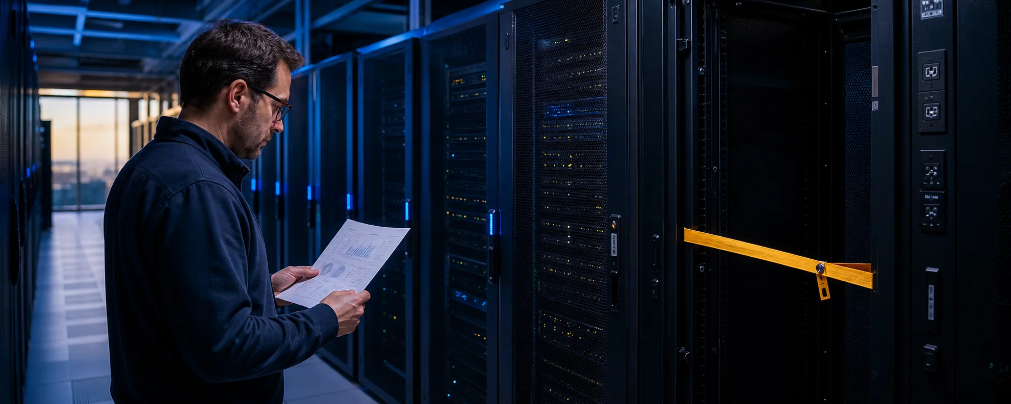 An operations lead reviews a cloud-usage brief beside a dark unused server rack with locked controls.