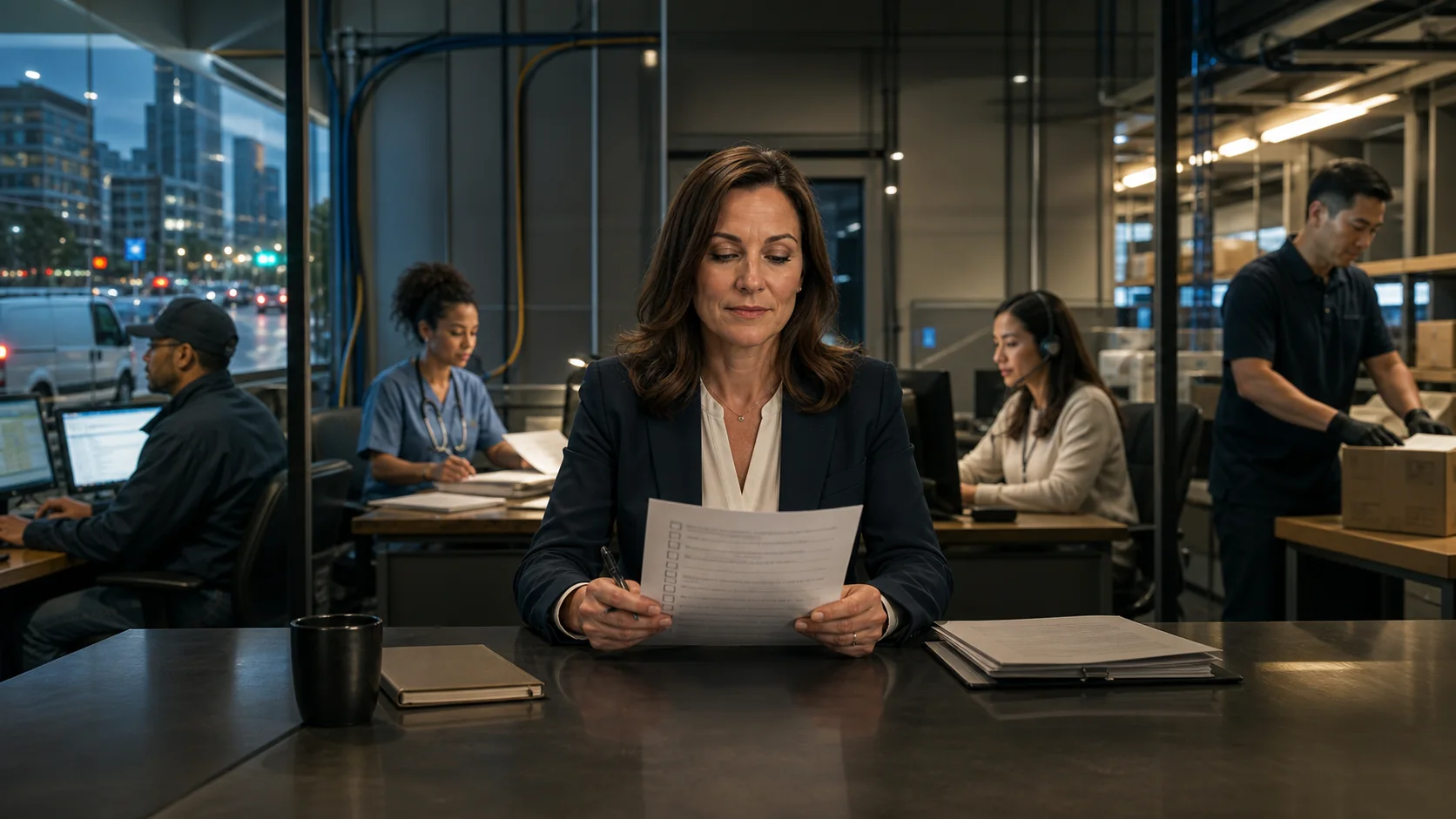 A human supervisor reviews one approval checklist while city, health, support and logistics work continues around her.