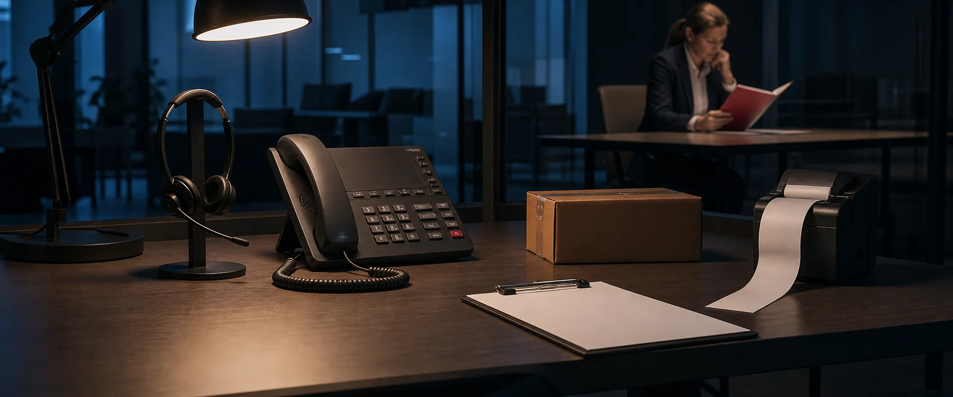 An unattended support phone advances a customer case while a supervisor reviews one exception behind glass.