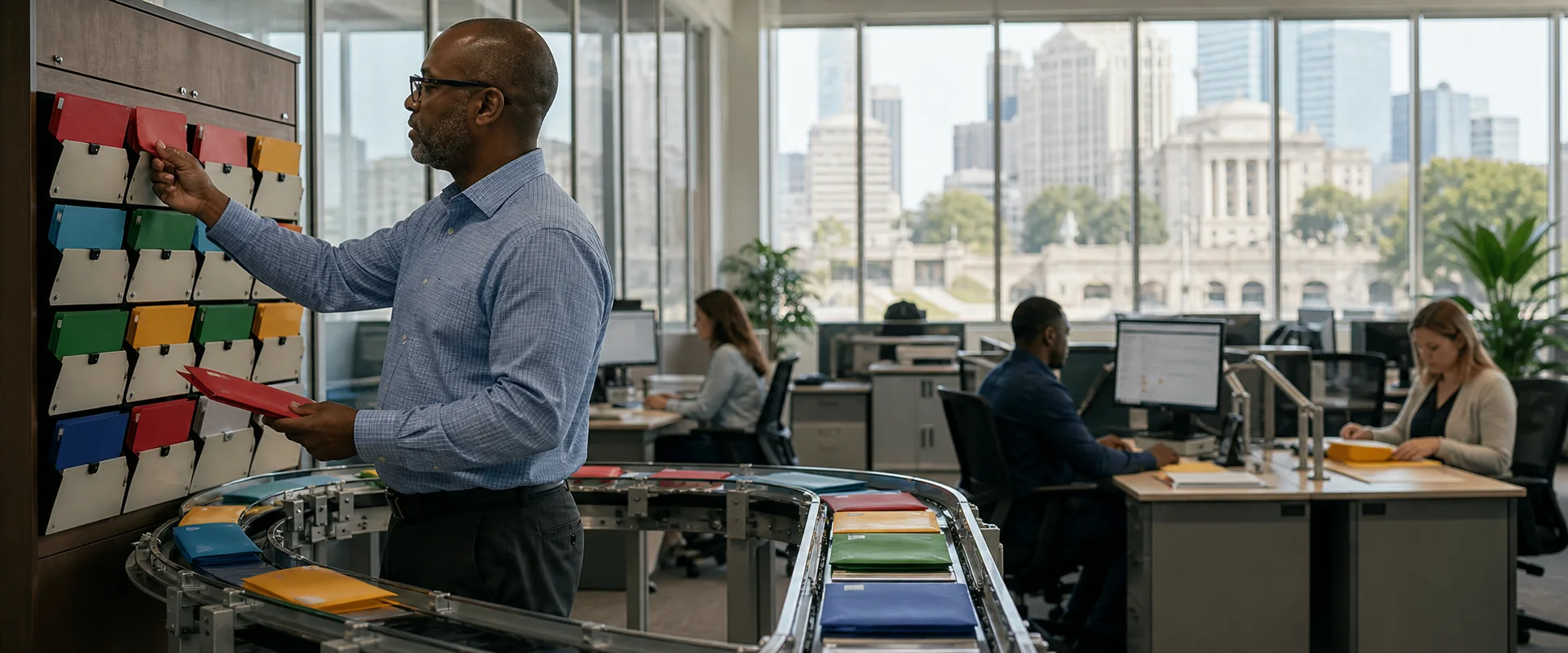 A municipal IT lead reviews color-coded service requests moving through an automated routing track.