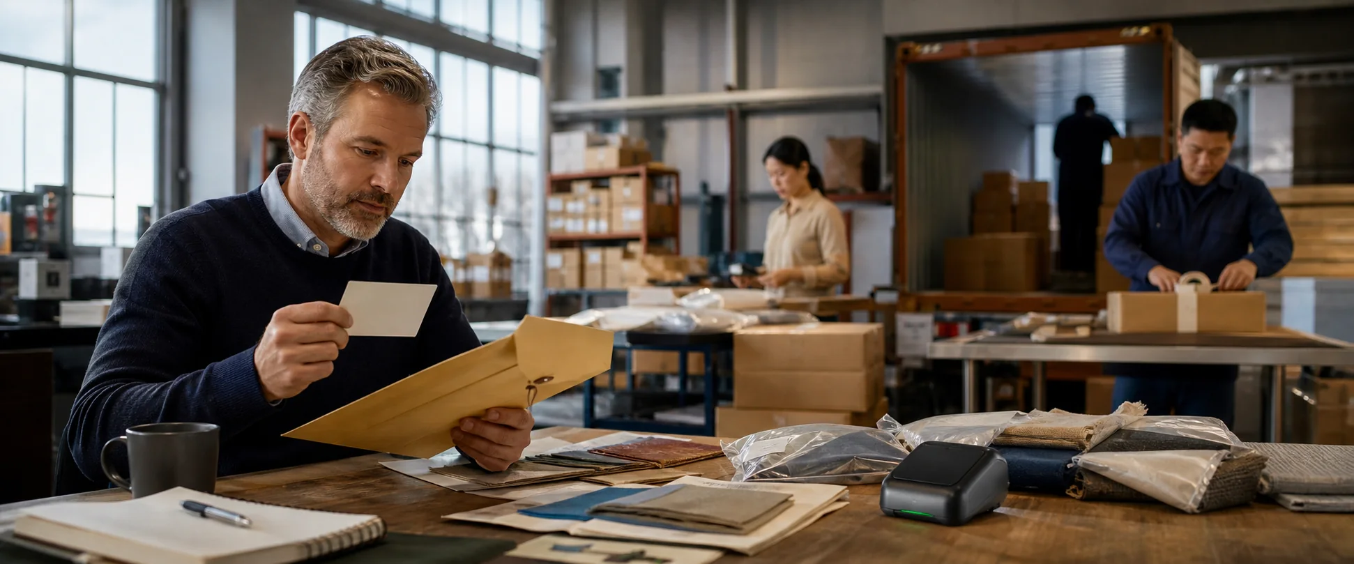 A small-business owner reviews a capped purchase approval while a selected supplier prepares the shipment and payment.