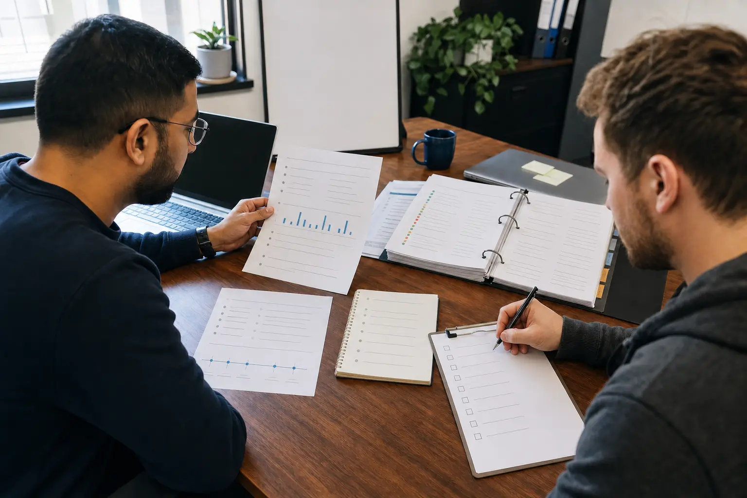 Two security engineers compare a new alert packet with prior case evidence before approving a response.