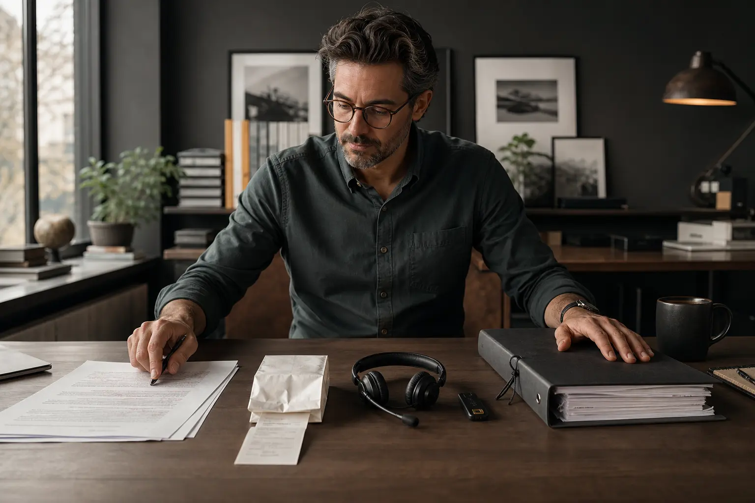 An operator reviews documents, a headset and a protected project binder at a calm work desk.