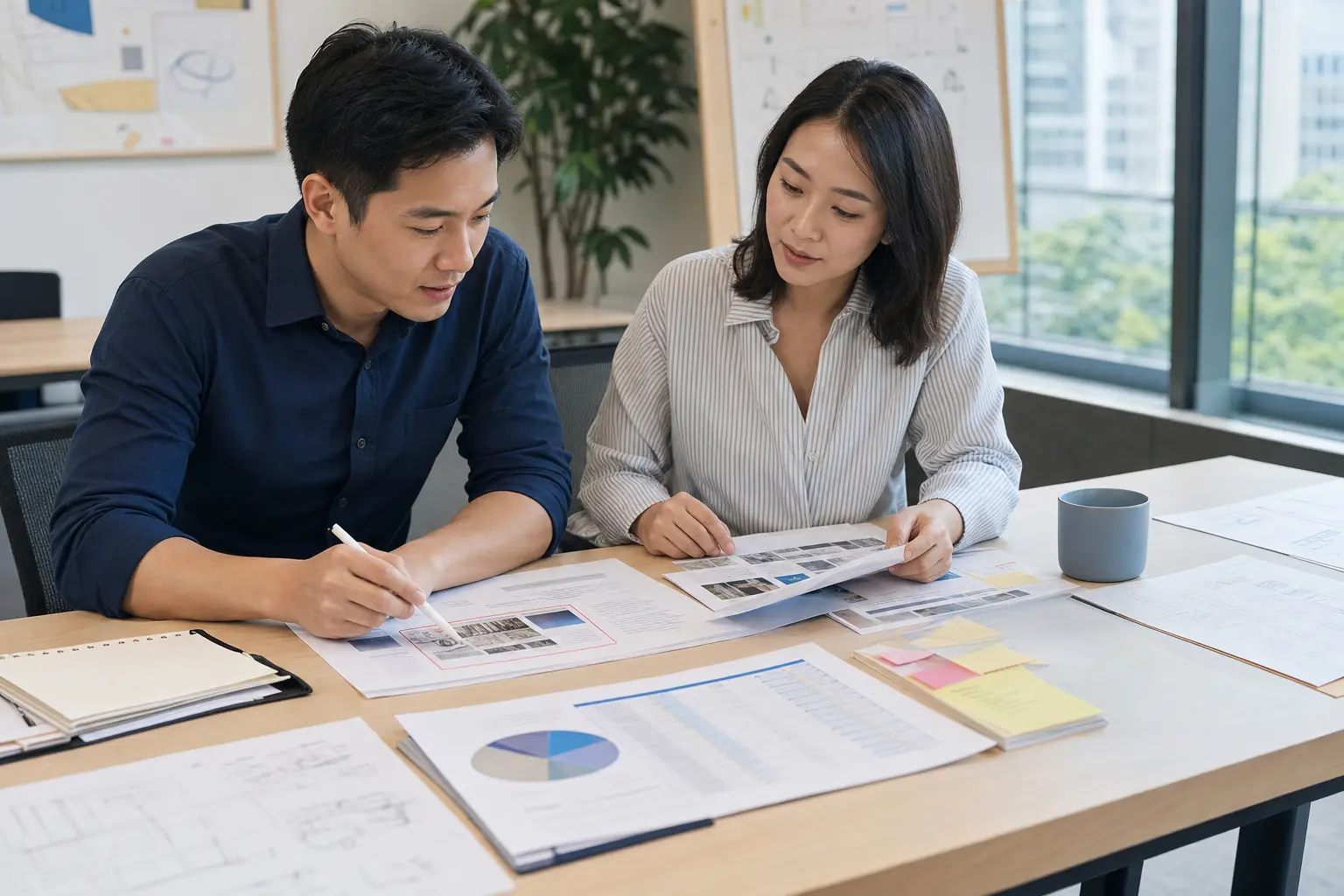 Two colleagues review selected sections of reports, spreadsheets and presentation pages together.