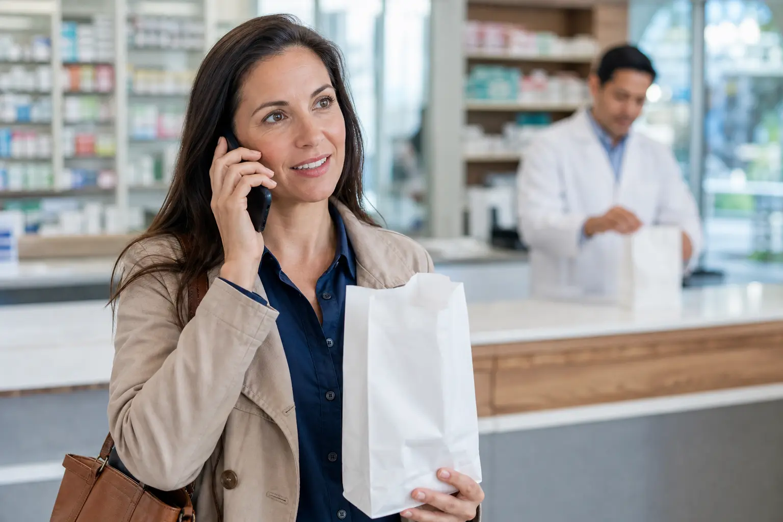 A patient makes a phone call while collecting a refill at a bright community pharmacy.