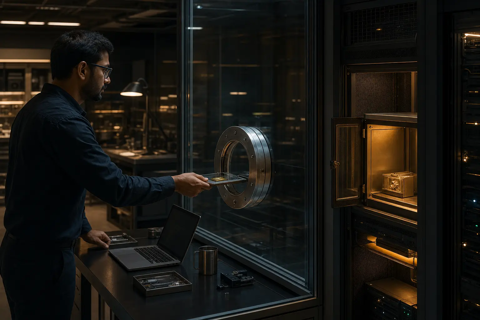 A security engineer supervises a sealed credential handoff across an isolated network boundary.