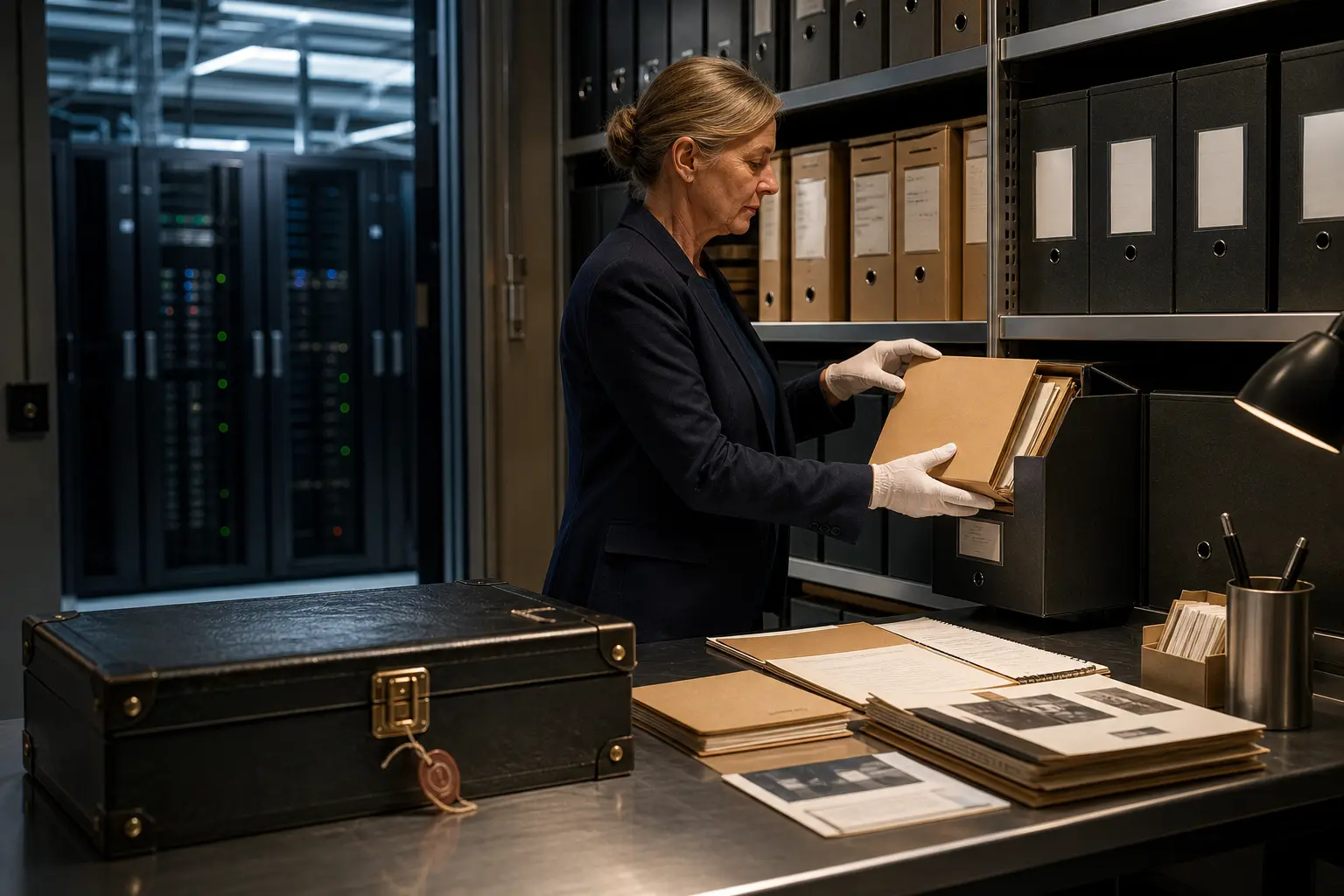 A records specialist archives evidence beside customer-controlled storage and a separate locked credential case.