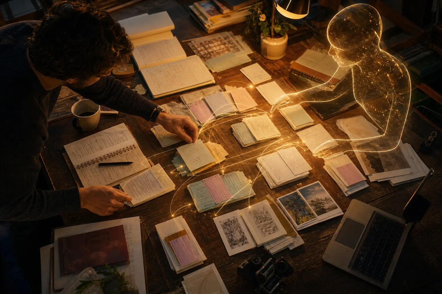 A project lead organizes connected paper notes and a daily briefing at a calm workspace.