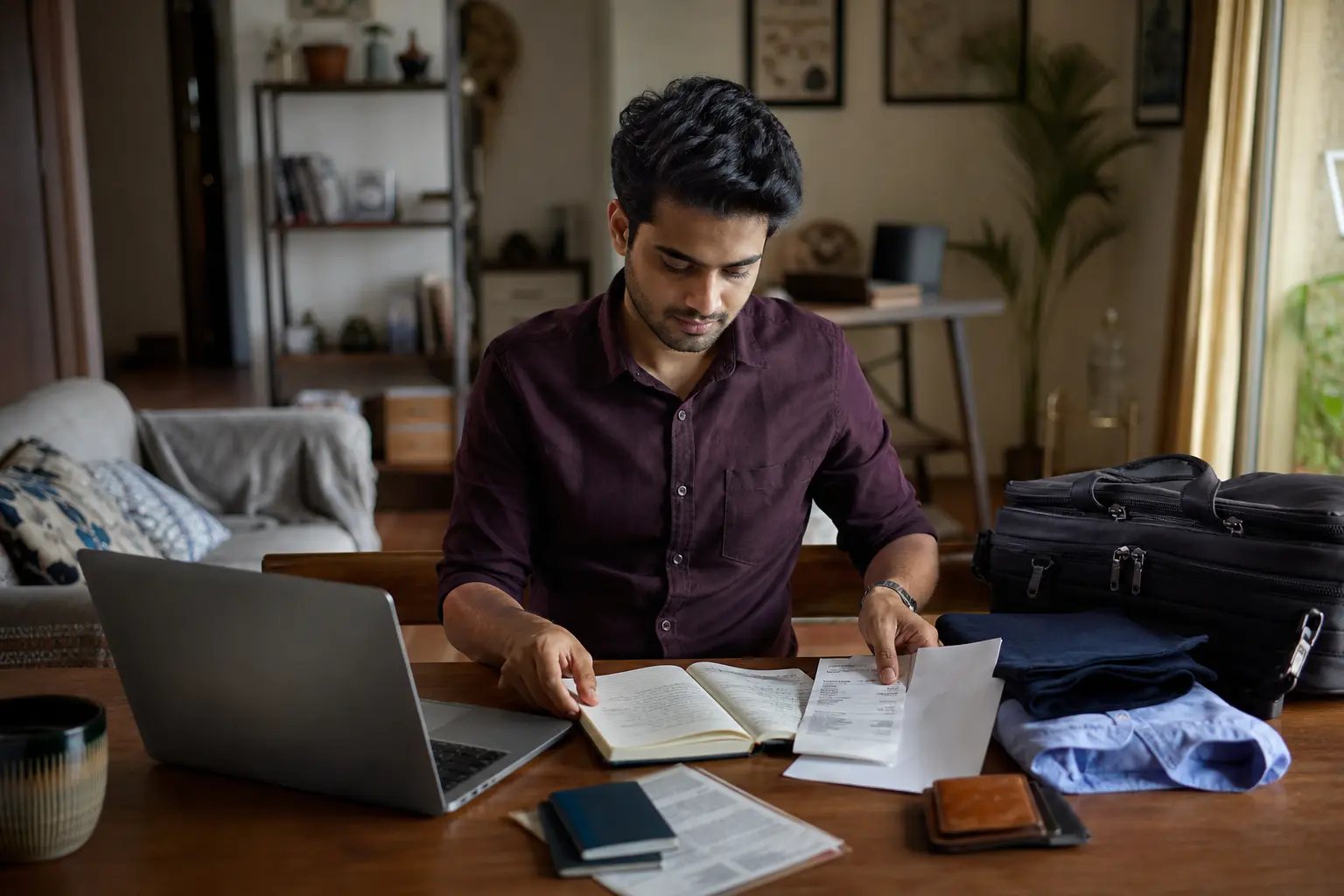 An Indian professional prepares travel papers and a work bag beside a laptop in a home office.