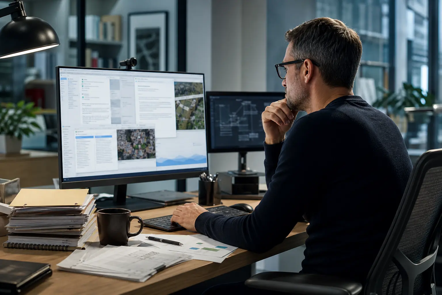 An office professional reviews work spread across a Windows desktop, local documents and paper files.