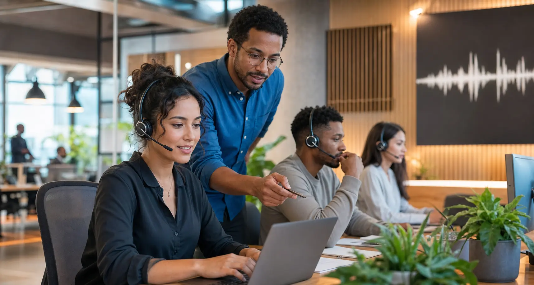A customer-service team reviews a successful call together in a modern operations center.