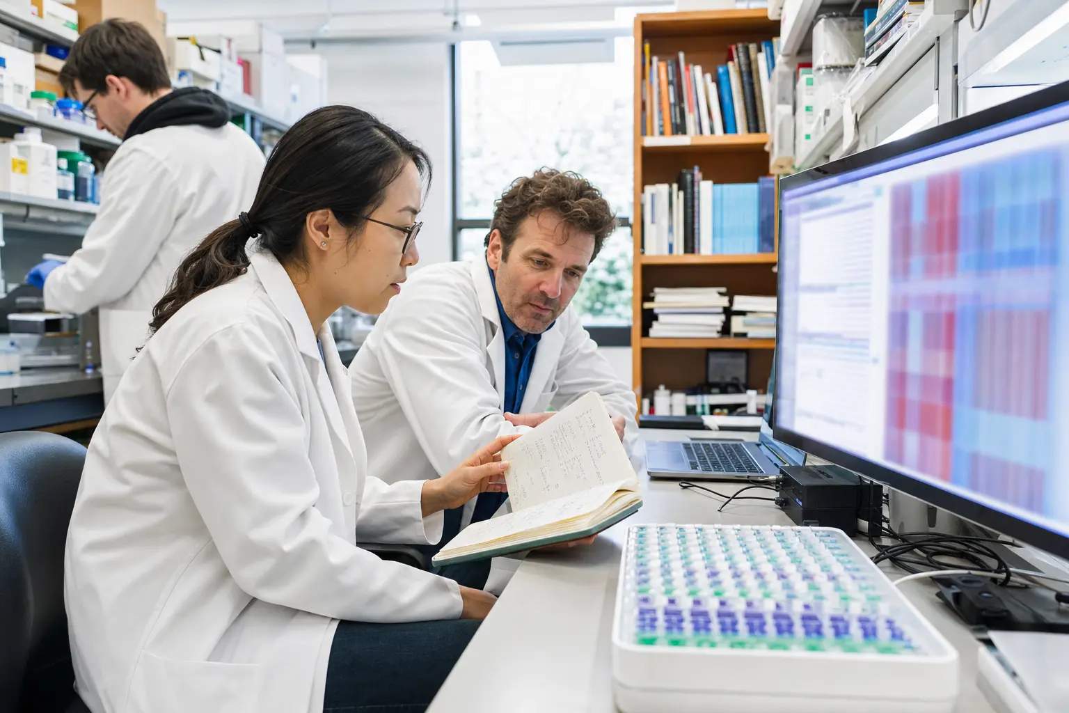 Two scientists validate computational results beside laboratory instruments and handwritten notes.