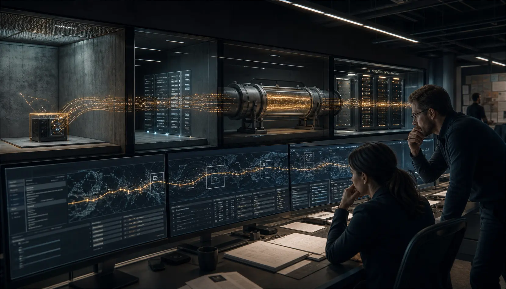 A security team traces an automated intrusion across isolated trust zones in a dark operations room.
