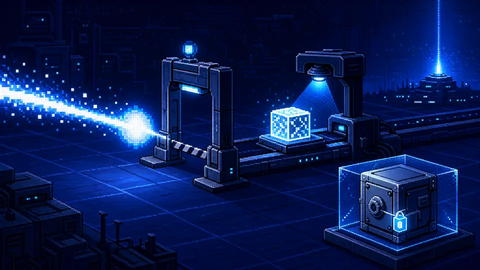 A bright pixel event pulse reaches a guarded checkpoint while an independent scanner inspects a release artifact and a sealed receipt vault records delivery identity
