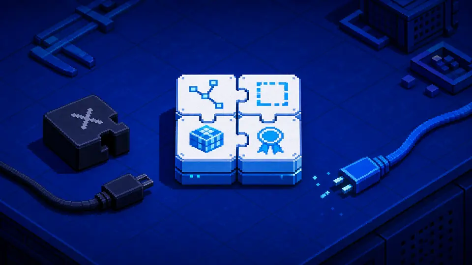 Four white pixel-art blocks for source, project boundary, deployment artifact, and approval interlock into one release packet while a dark loose block and disconnected cable remain outside