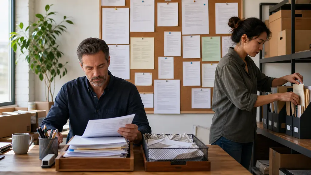 An operations lead reviews verified source changes while an assistant files current notices and discards stale material.