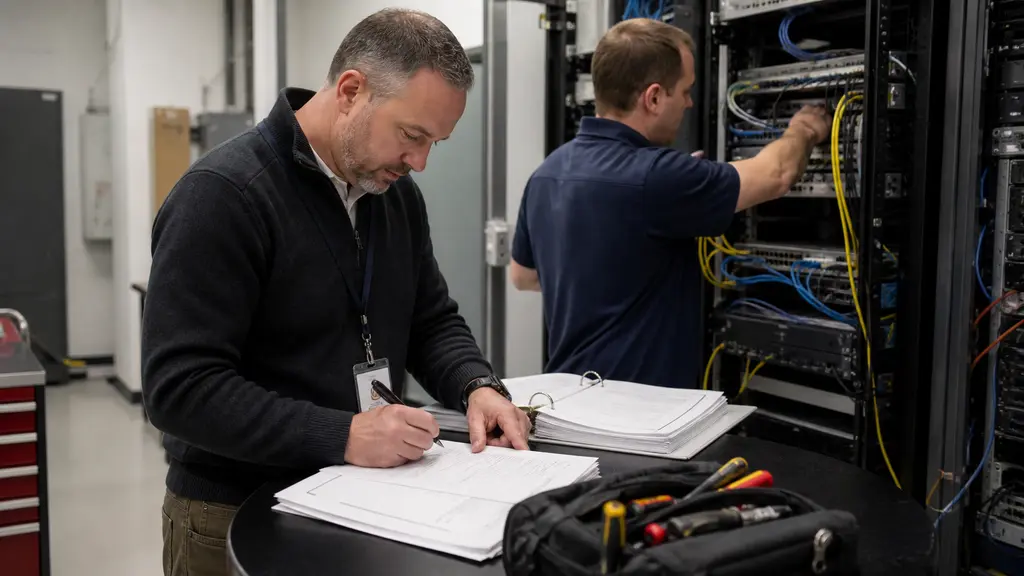An IT administrator reviews a physical automation runbook while a technician traces a network fault.