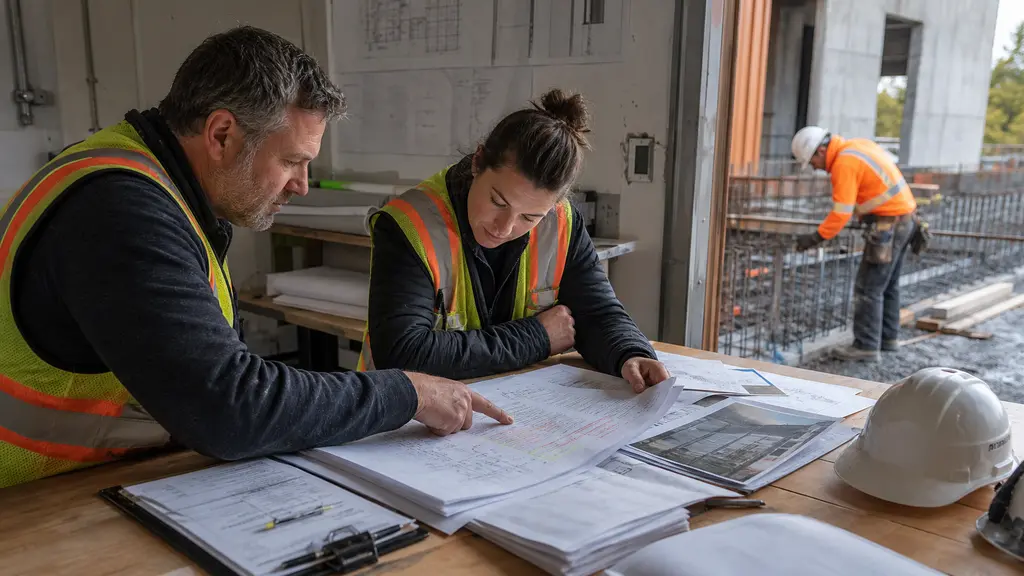 A site manager and project engineer compare a marked request with construction plans while work continues nearby.
