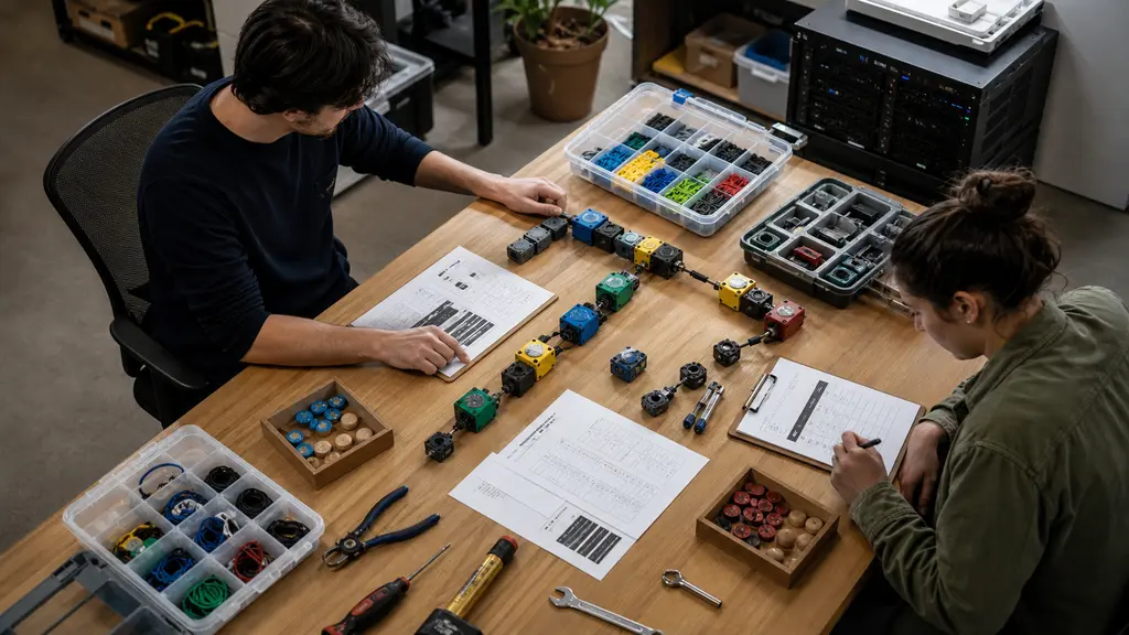 Two engineers compare modular task paths and resource counters on a software-lab workbench.