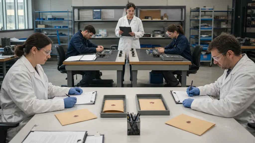 A lab team evaluates two identical task runs, one with an organized instruction binder and one without.