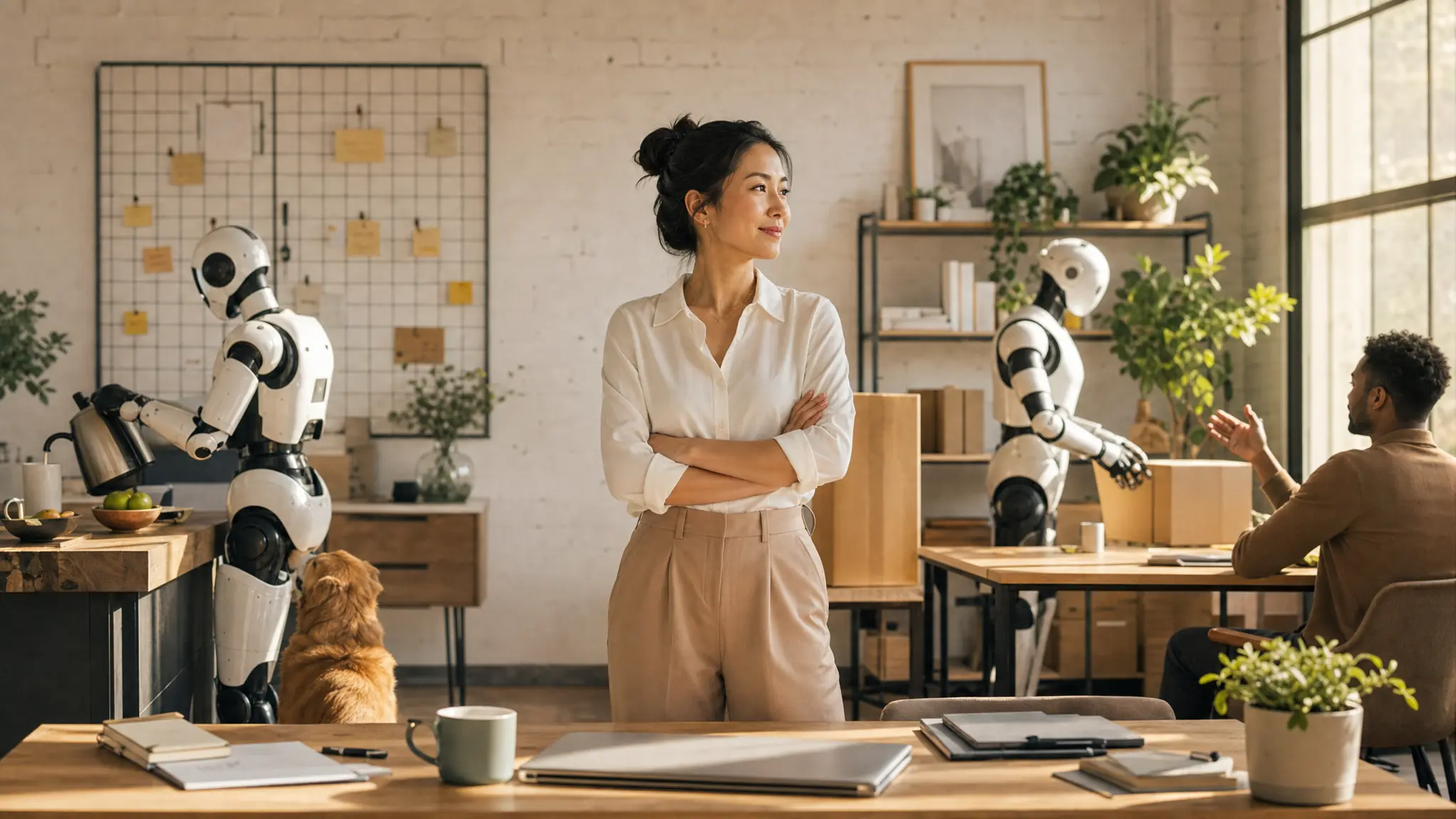 A professional supervises several delegated agent tasks from a sunlit studio office.
