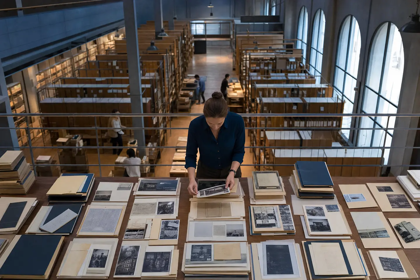A researcher organizes many evidence folders across a vast archive while assistants retrieve more sources.