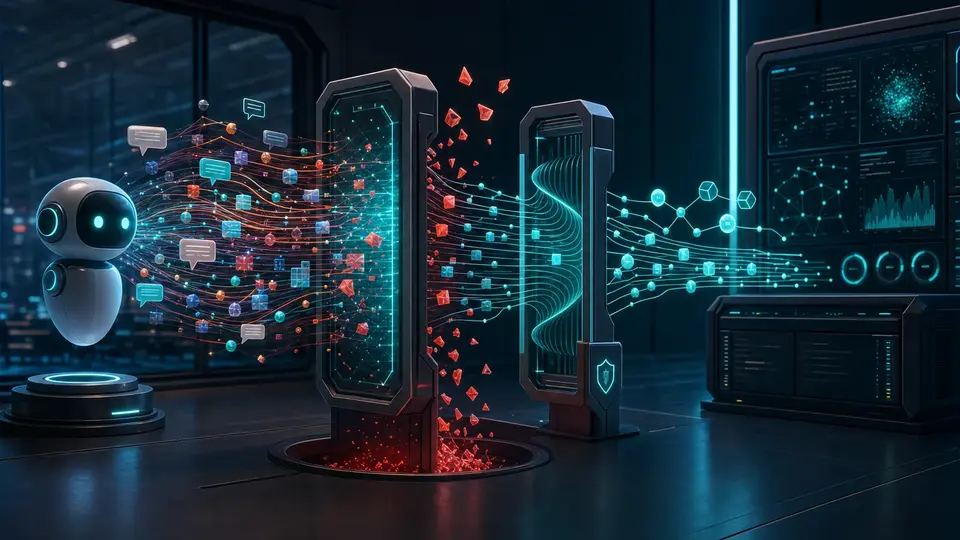 AI agent telemetry crossing two redaction filters before safe operational data reaches a monitoring console
