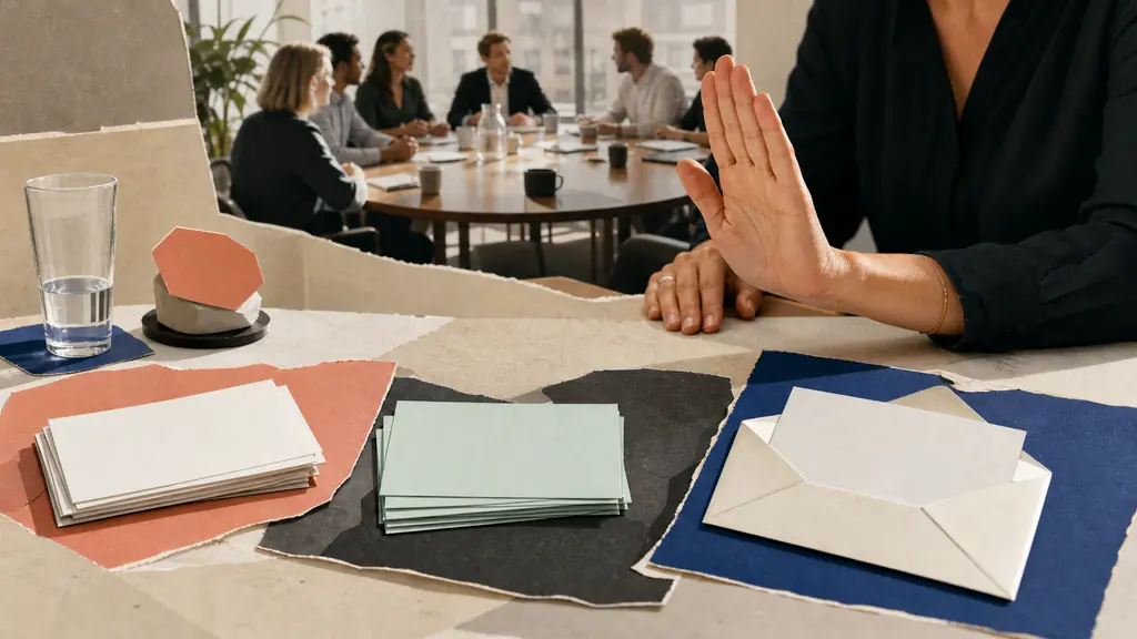 A meeting owner stops at a human approval checkpoint before blank decision cards, task cards and a draft envelope leave the table.
