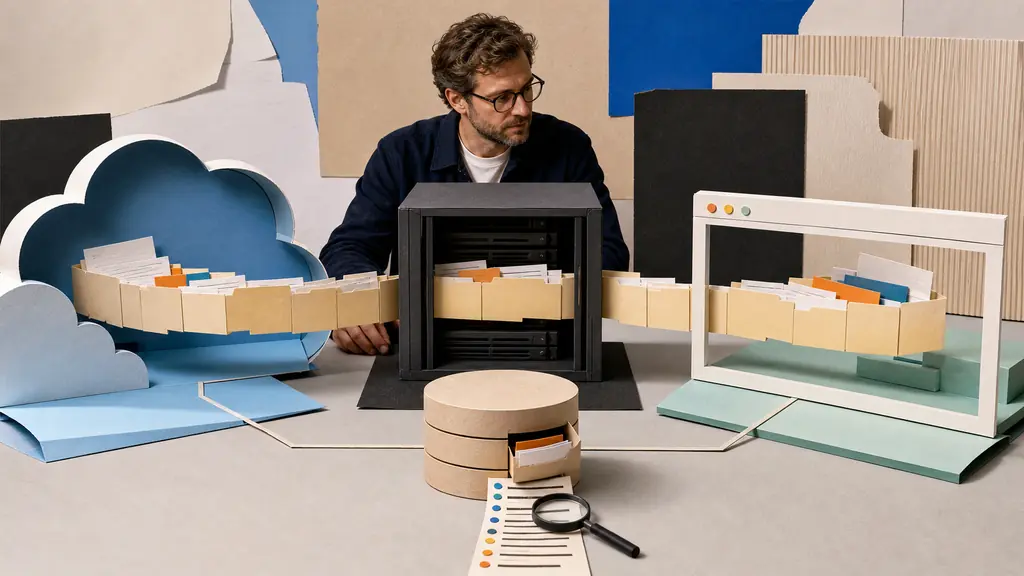 An engineer supervises one continuous file archive moving through a cloud workspace, server cabinet and browser frame.