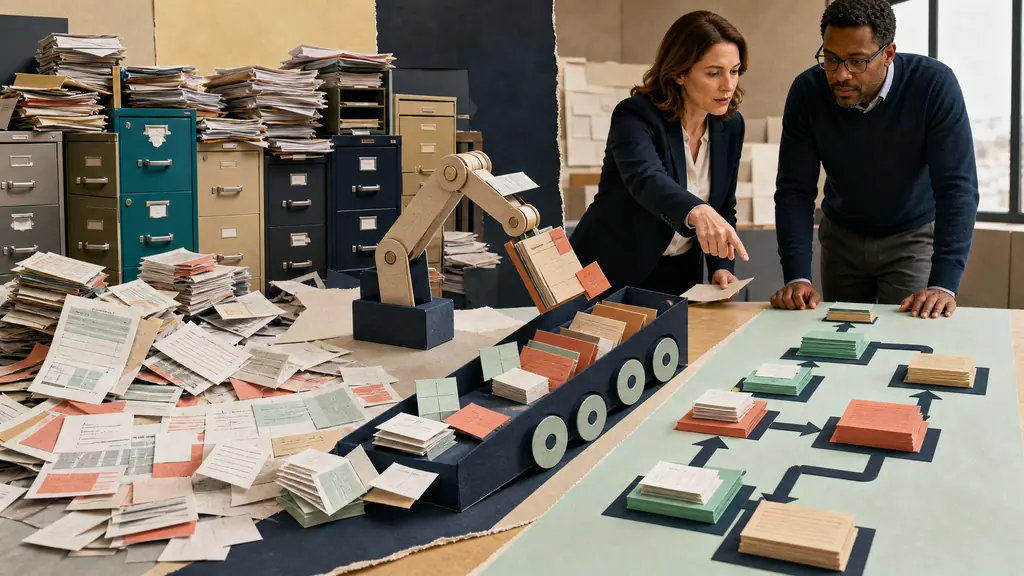 Two enterprise operators supervise a paper mechanism turning fragmented records into a clear approved workflow.