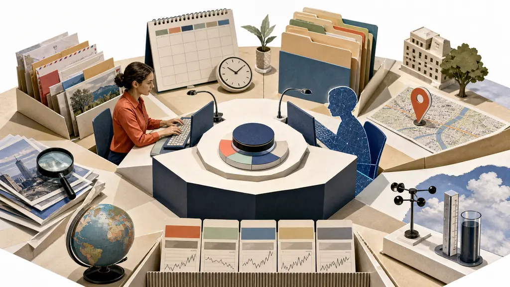 A human operator coordinates mail, calendar, files, maps, weather and markets from one shared service desk.