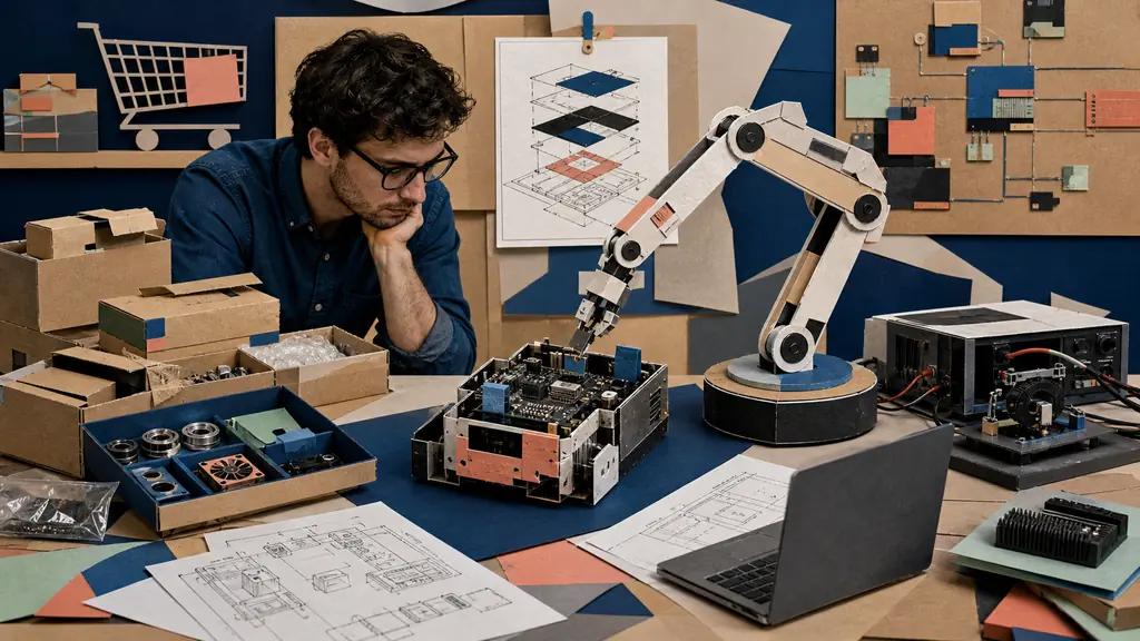 A maker supervises an assembly arm building and testing a device from ordered parts, schematics and software tools.