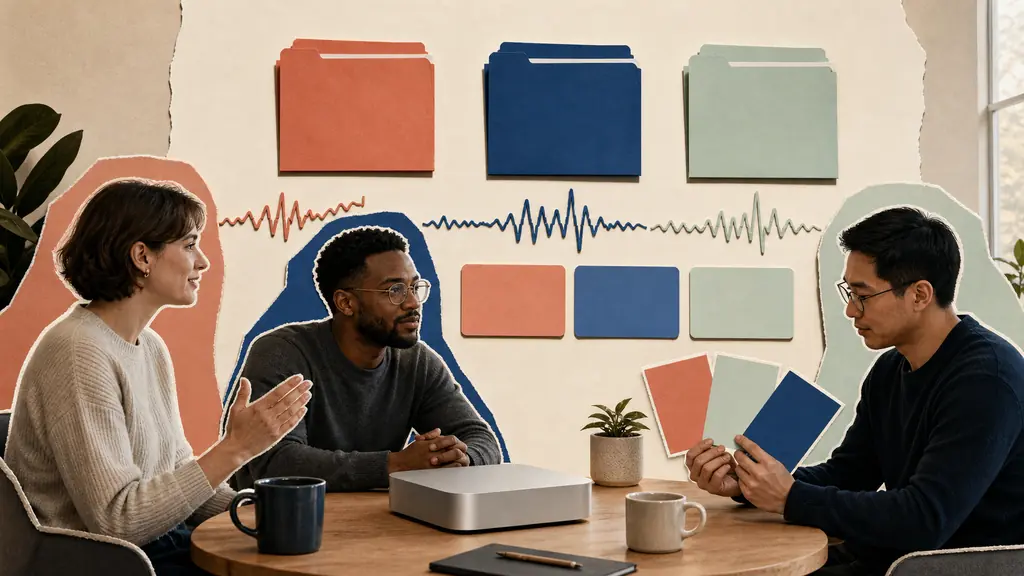 Three colleagues hold a private meeting beside blank color-coded folders, task cards and a closed local computer.