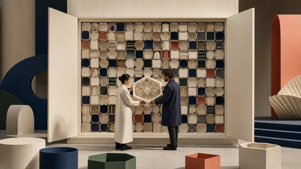 Two researchers remove a reusable honeycomb module from a monumental open archive of blank model components.